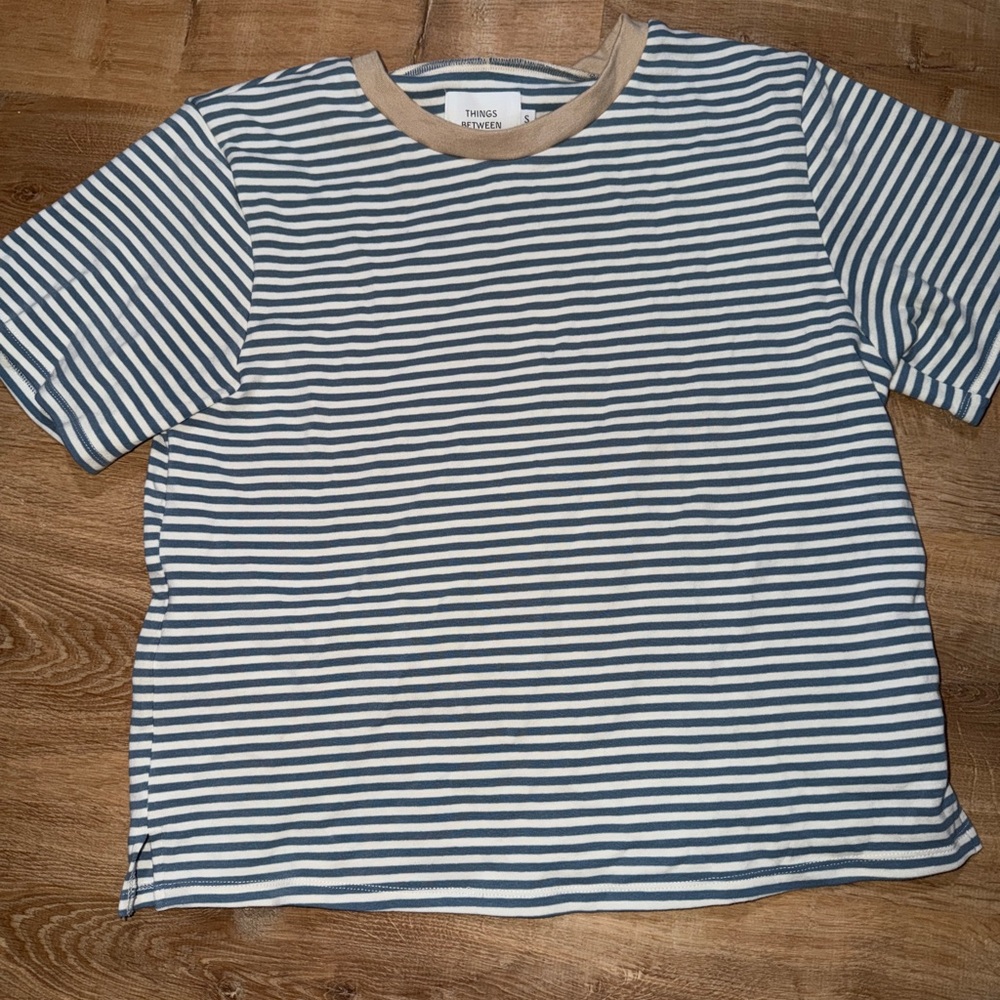 Things Between Blue & White Striped Tee with Tan Neck